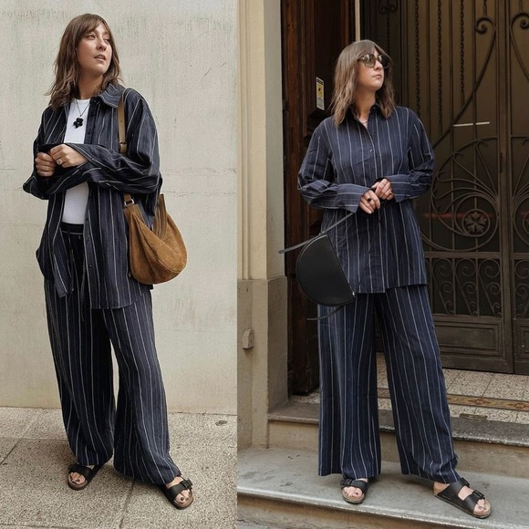 ALIGNE Pinstripe Lyocell Linen Wrap Front Shirt and Wide Leg Pants Sets Size 2 - Picture 15 of 15